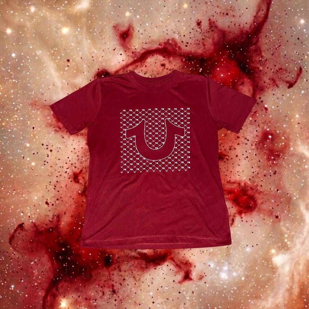 True Religion Girls Large L Red Monogram Box Horseshoe Logo Graphic T-Shirt Tee
